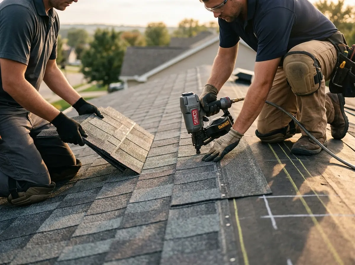 Professional roofer working on a residential roof in Plainfield